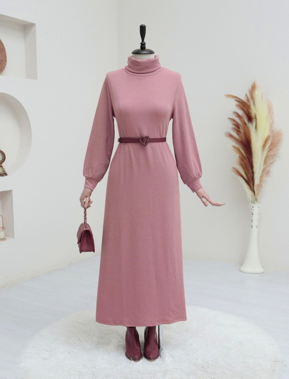 Boğazlı Fitilli Elbise -Pembe
