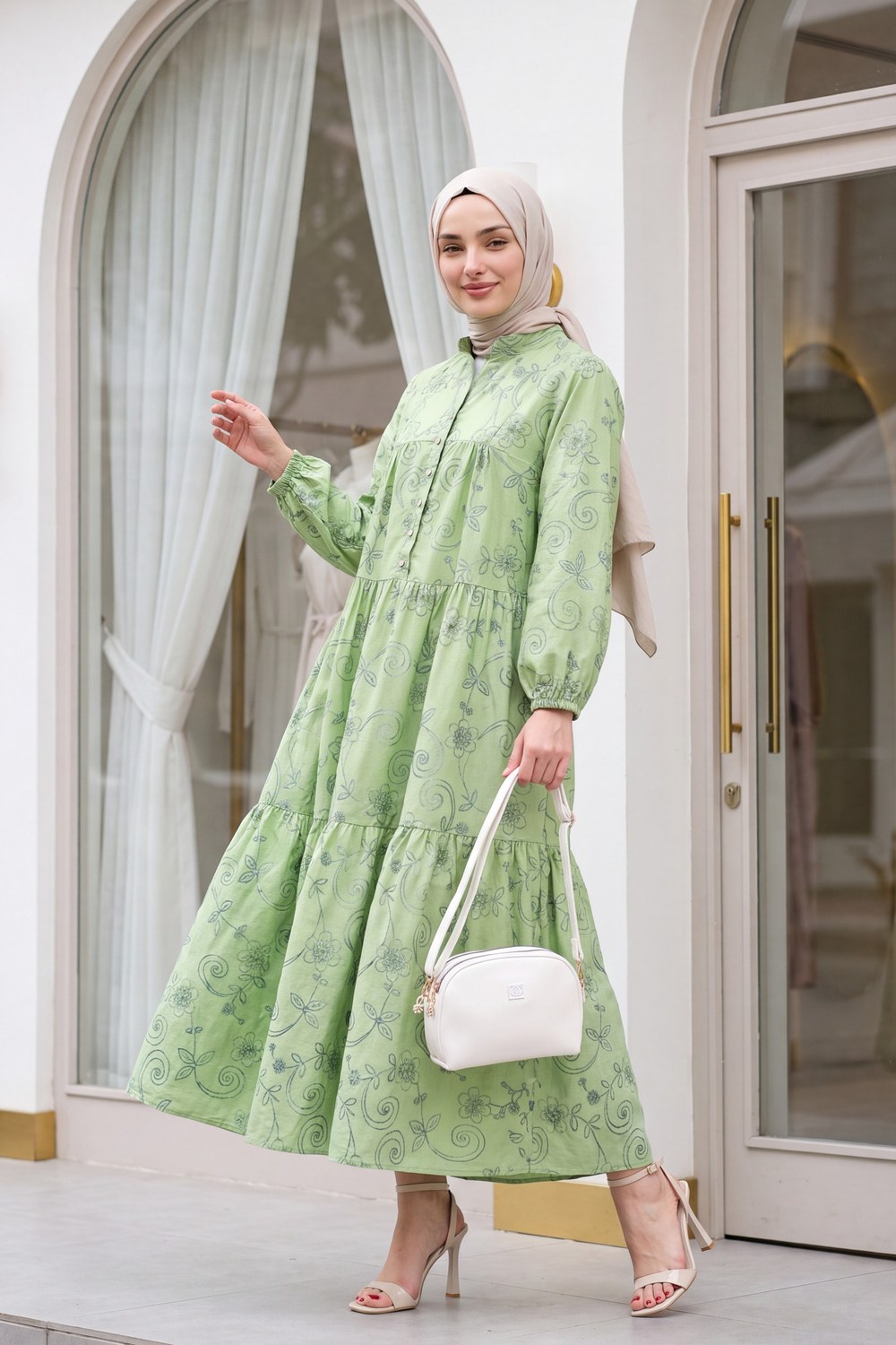 Kolu Lastikli Yarım Düğmeli Jakar Baskılı Parçalı Elbise -Haki