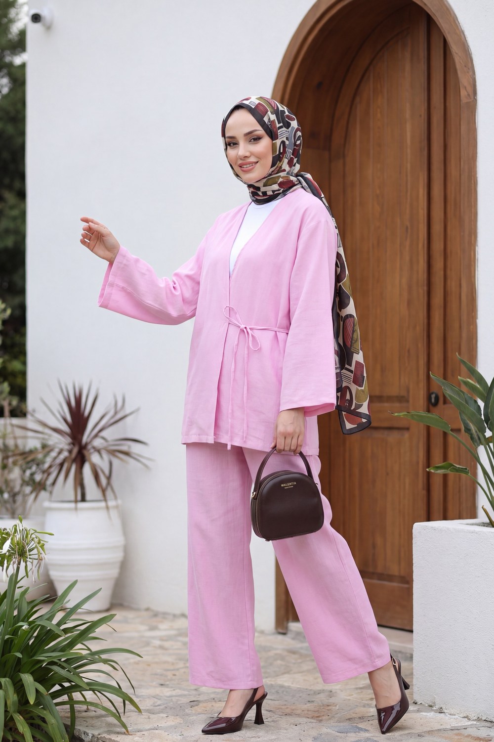 Önden Bağlamalı Pantolonlu Kimono Takım -Pembe