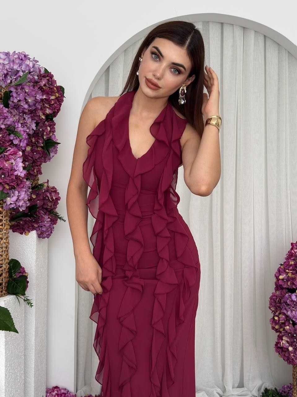 Lea Fırfırlı Elbise ETK-00690-bordo