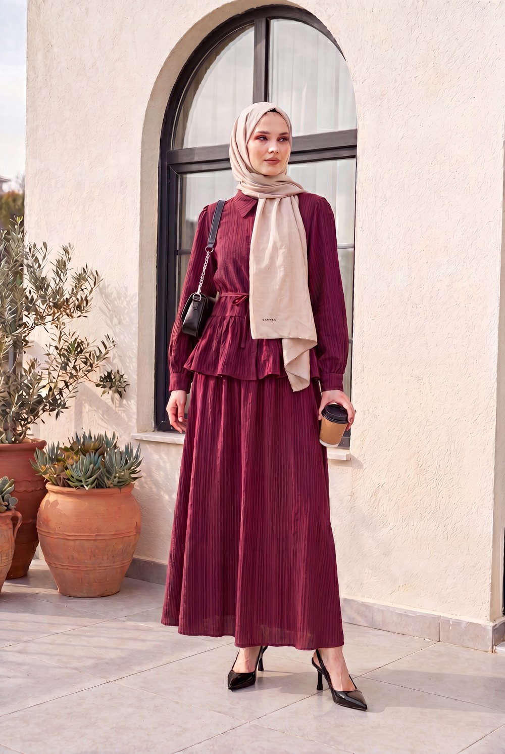 Eteği Fırfırlı Düğmeli Beli Bağcıklı Etekli Takım -Bordo