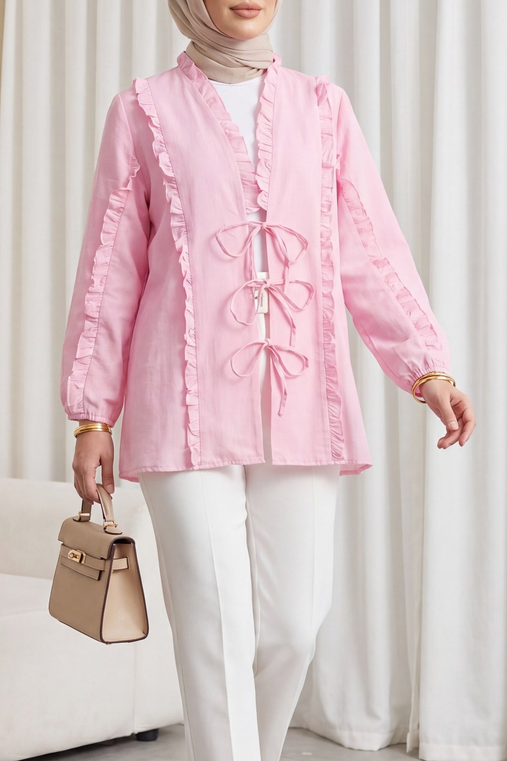 Önü Ve Kolu Fırfırlı Bağlamalı Keten Görünümlü Kimono -Pembe