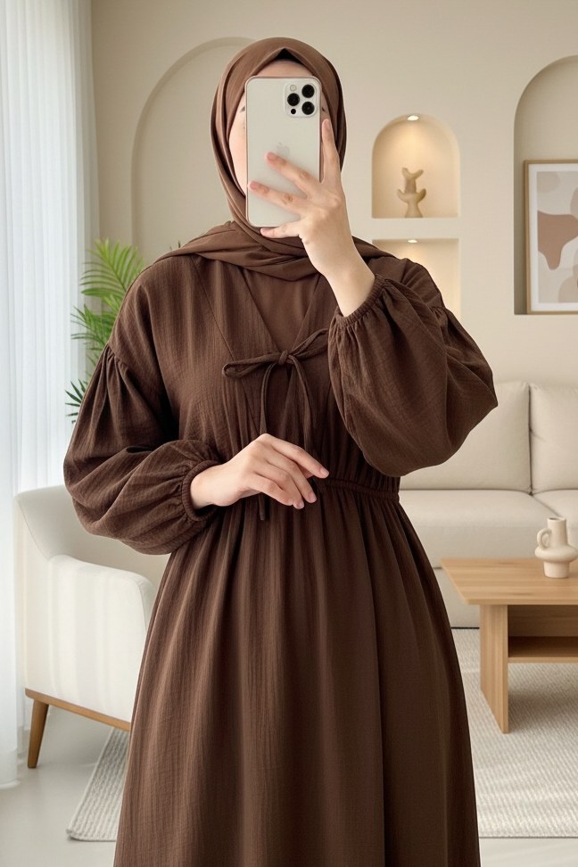 Yakası Bağlamalı Kolu Ve Beli Lastikli Müslin Elbise -Kahve