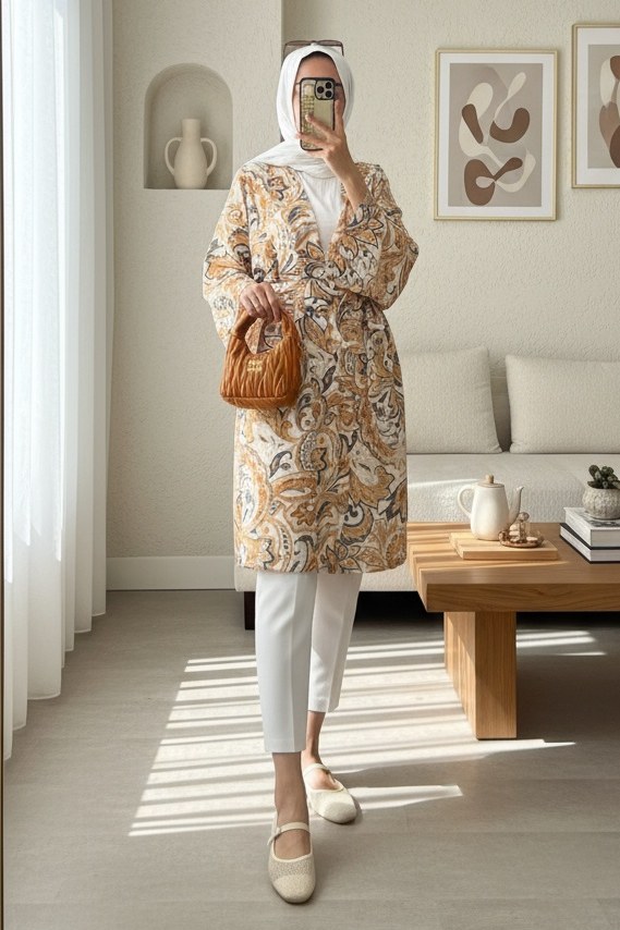 Beli Bağlamalı Etnik Desen Modal Kimono -Bej