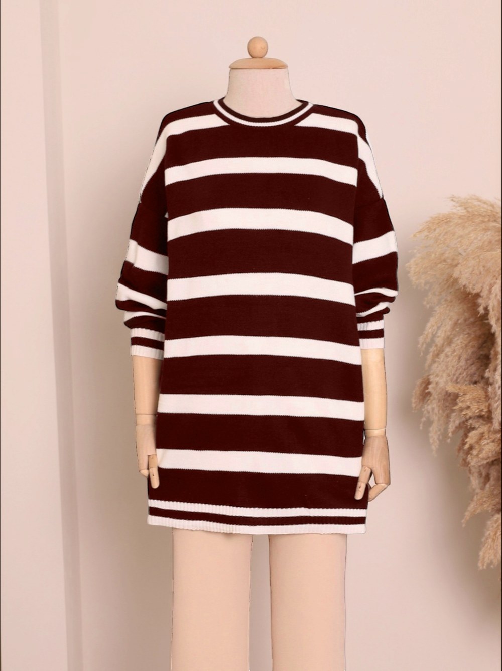 Çizgili Kışlık Tesettür Triko Tunik -Bordo