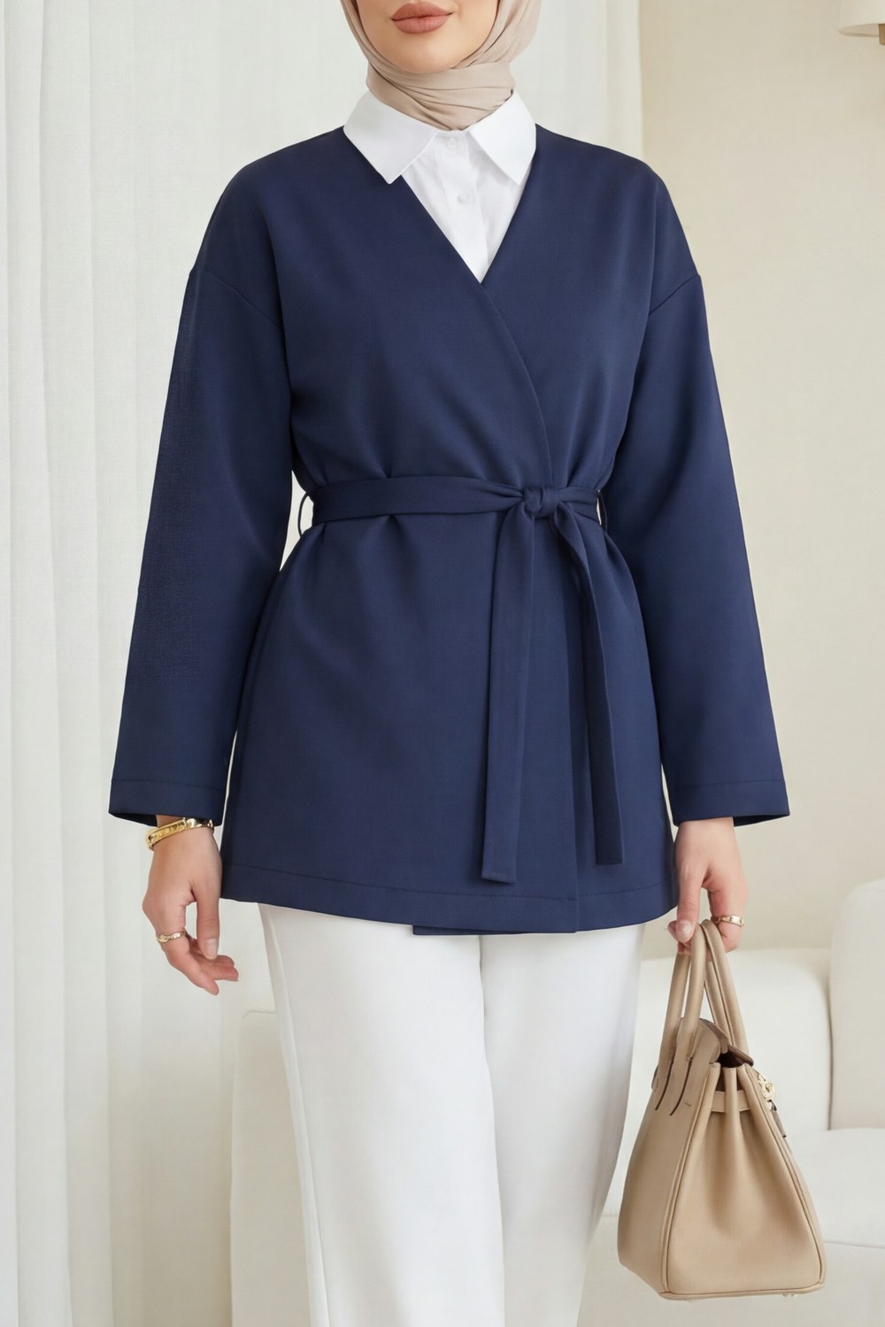 Beli Kuşaklı V Yaka Scuba Kimono -Laci