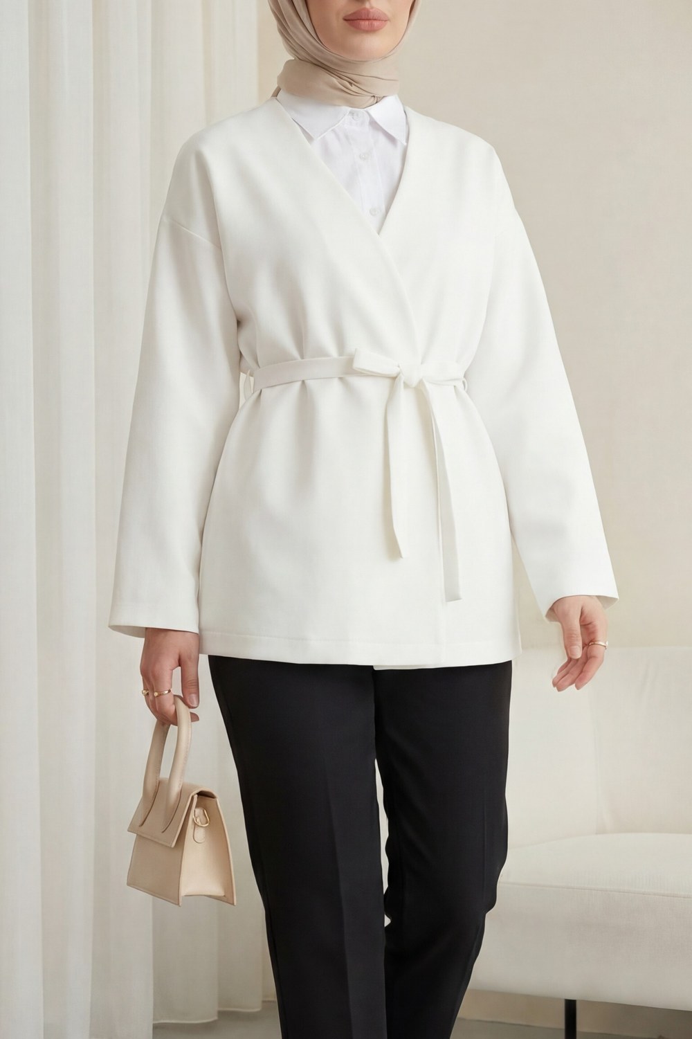 Beli Kuşaklı V Yaka Scuba Kimono -Beyaz