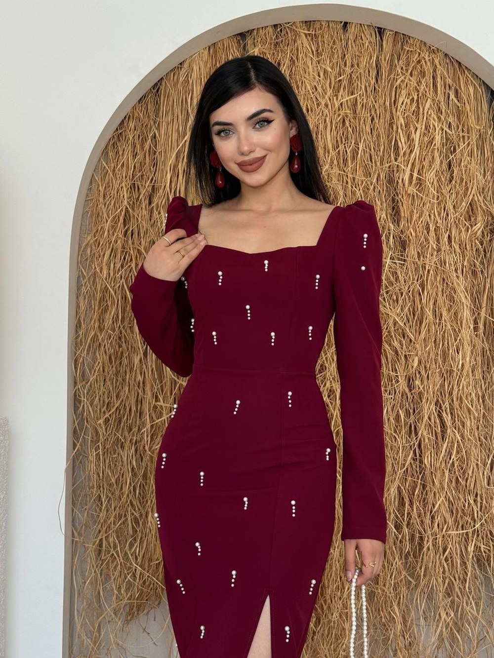 Boe İnci Detaylı Elbise ETK-00755-bordo