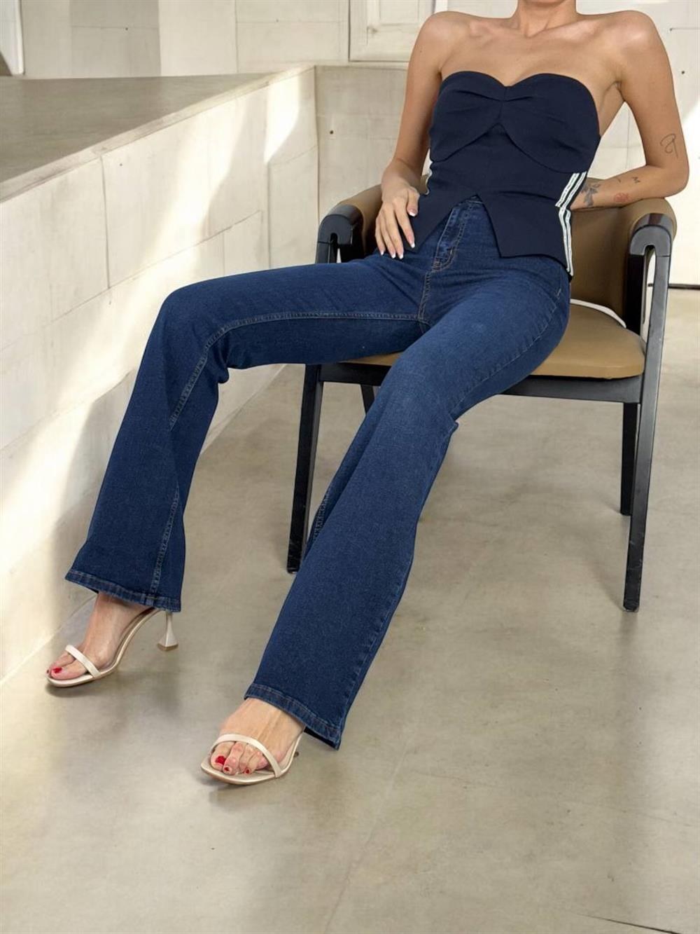 Yüksek Bel İspanyol Paça Dark Blue Kadın Jean Pantolon
