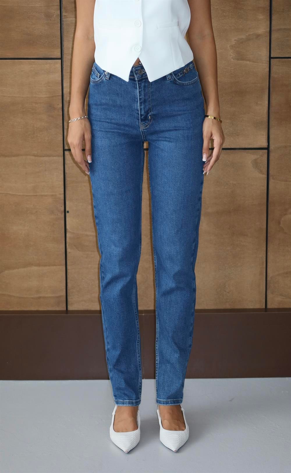 Yüksek Bel Klasik Kesim Dar Paça Blue Tokalı Jean Pantolon