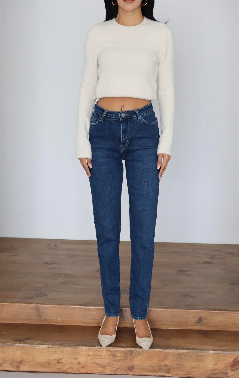 Yüksek Bel Klasik Kesim Dar Paça Dark Blue Jean Pantolon