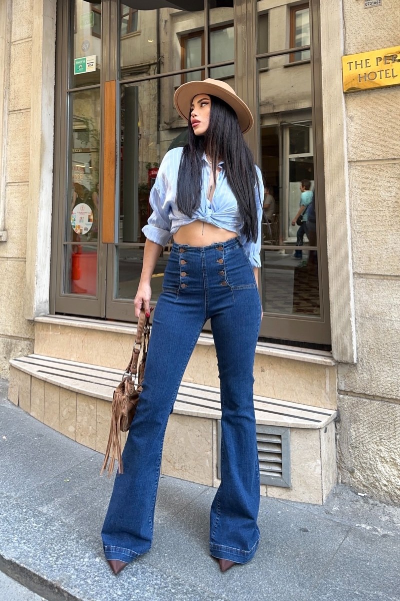 Çok Düğmeli İspanyol Kot Pantolon 7094 Düz Koyu Rins