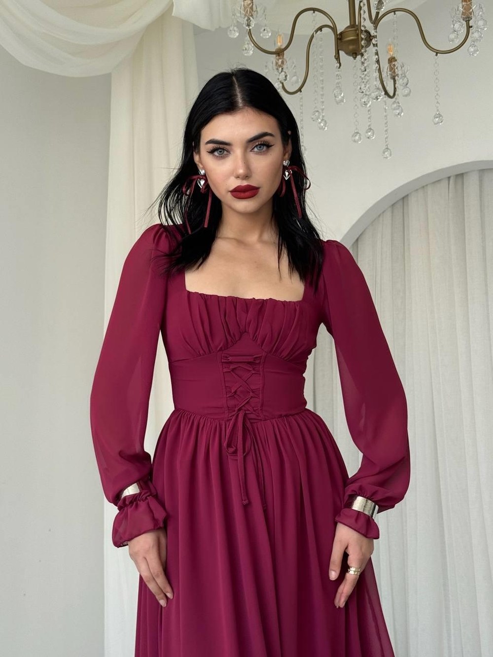 Tamo Korsaj Bağlama Elbise ETK-00757-bordo