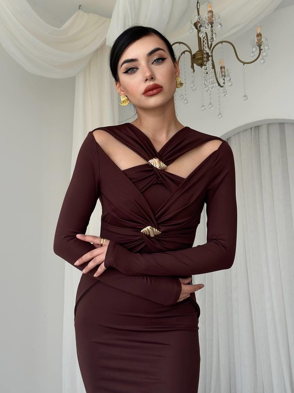 Dande Broş Detaylı Elbise ETK-00762-kahve
