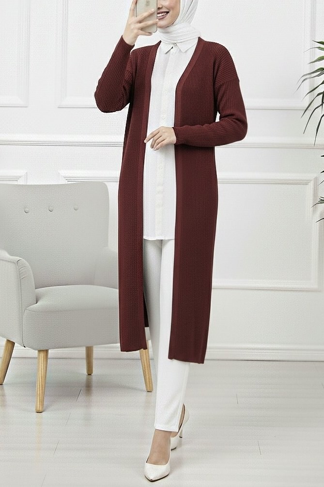 Yanları Yırtmaçlı Fitilli Uzun Triko Hırka -Bordo
