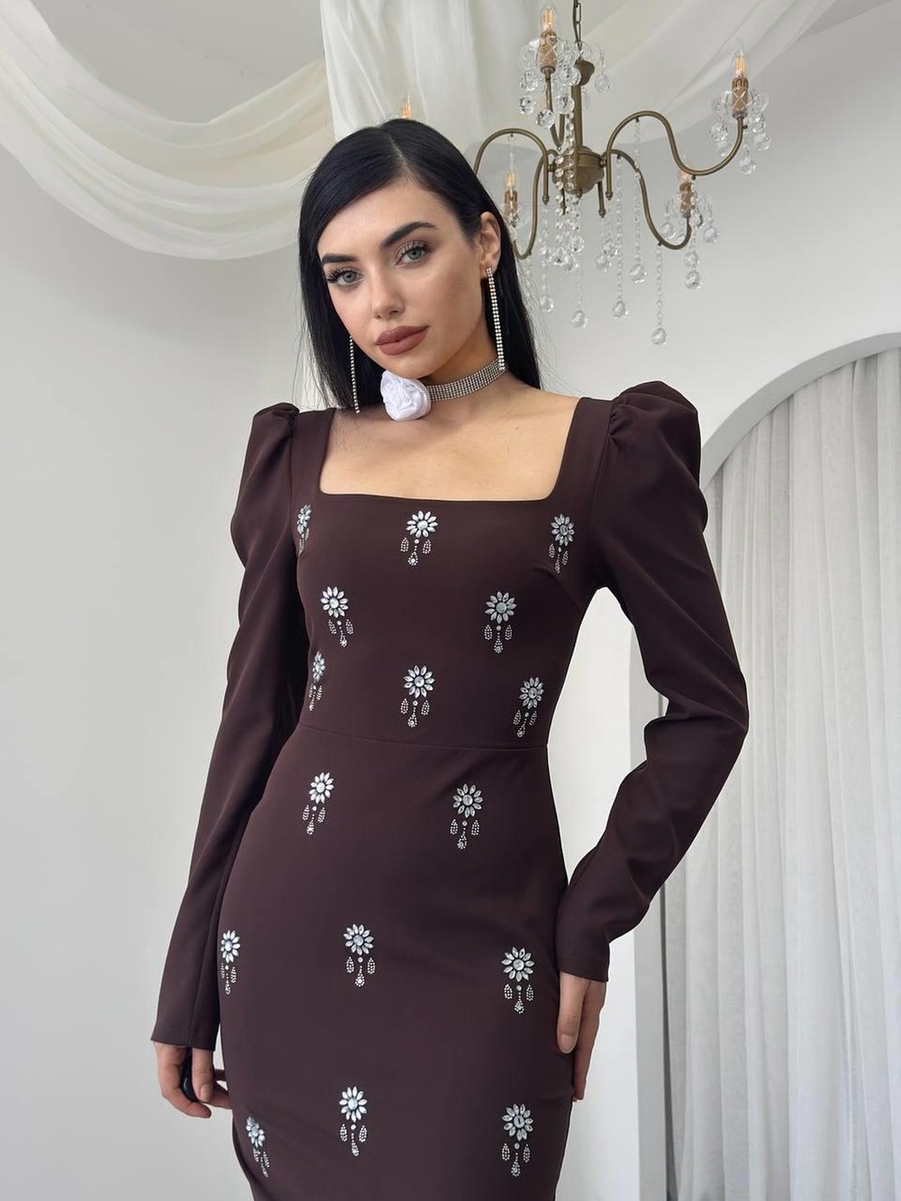 Pera Taş Detaylı Elbise ETK-00767-kahve