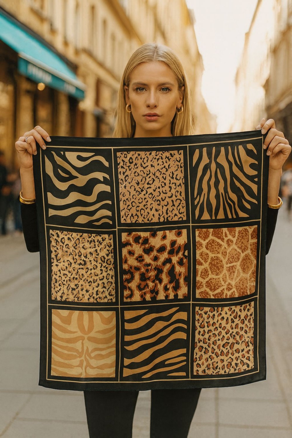 14831 Animal Desenli Siyah Bandana Fular 70x70 Cm