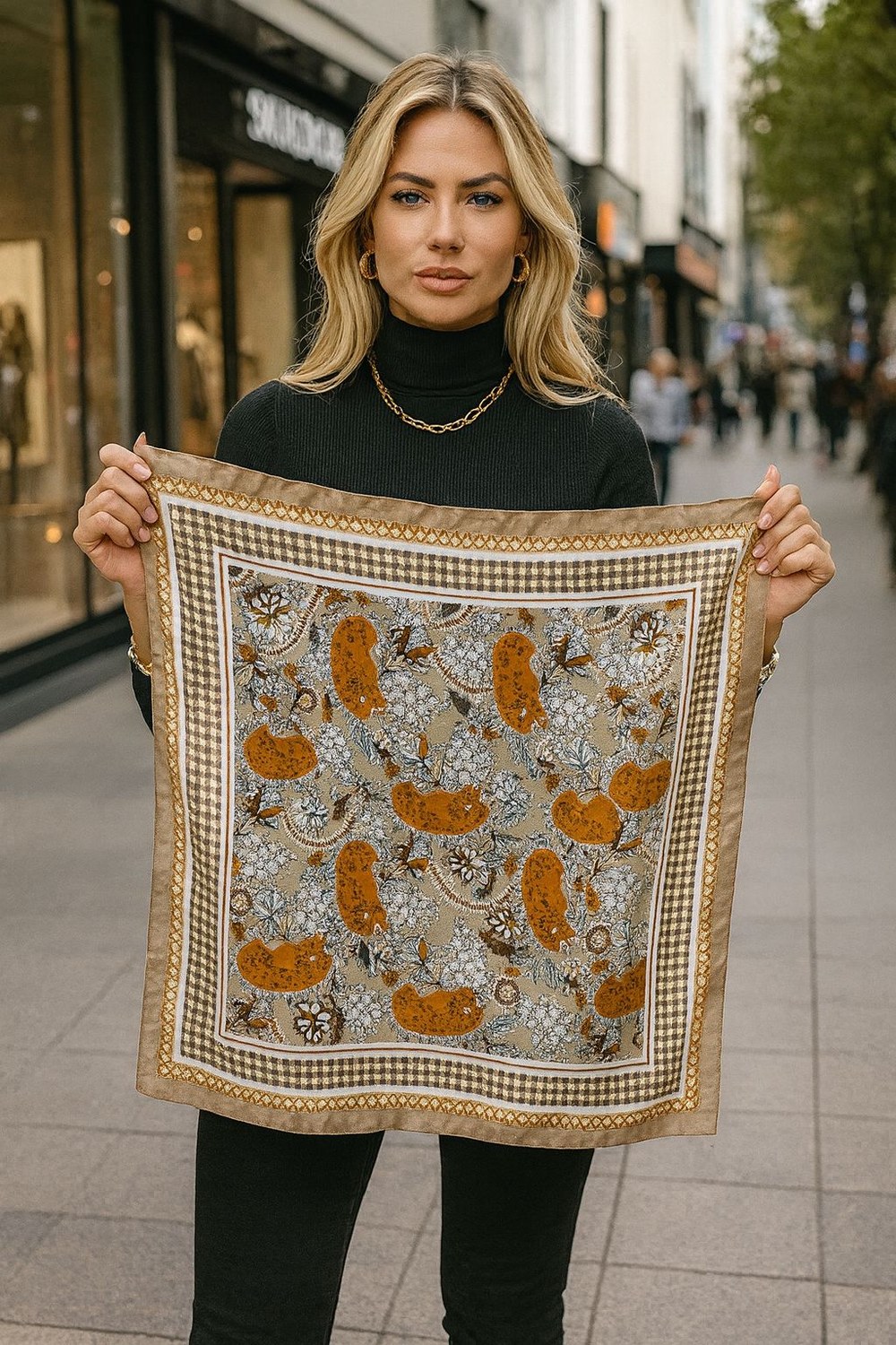 14848 Şal Desenli Bej Çift Tarafı Baskılı Bandana Fular 70x70 Cm