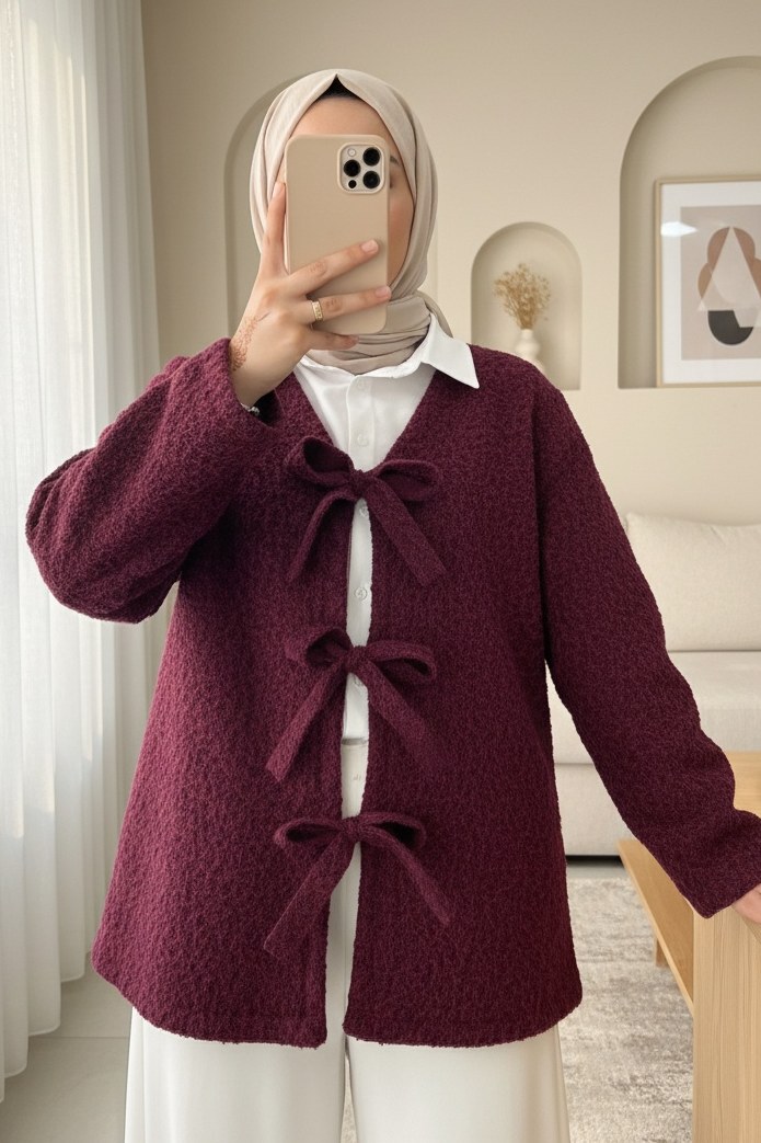 Önü Bağlamalı Kırçıllı Kaşe Ceket -Bordo