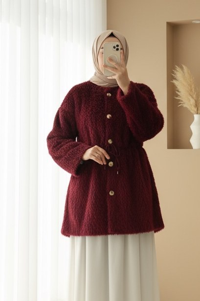 İçi Astarlı Beli Büzgülü Kürklü Ceket -Bordo