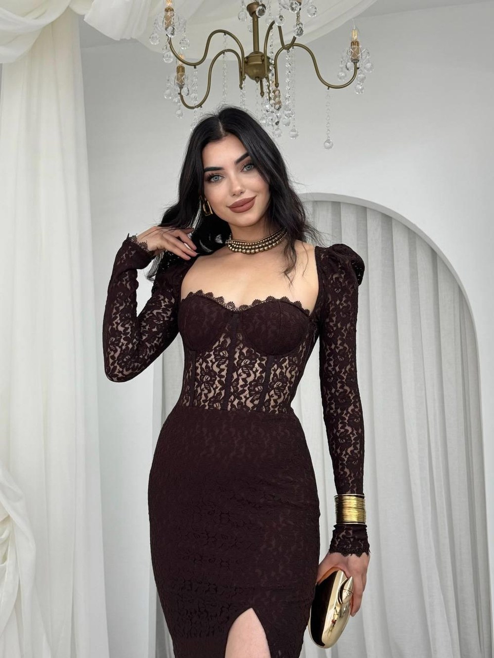 Siena Yırtmaç Detaylı Elbise ETK-00277-kahve