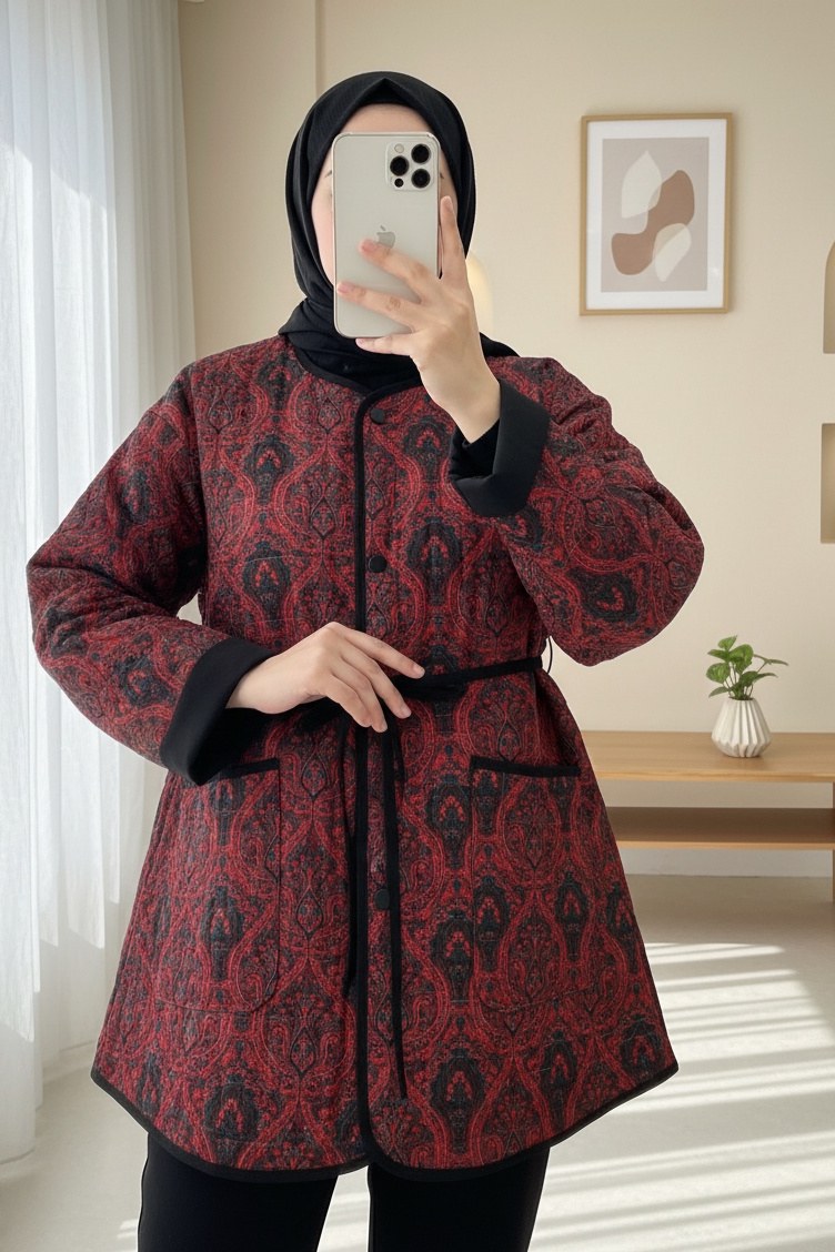 Kolu Katlamalı Beli Bağcıklı Etnik Desen Ceket -Bordo