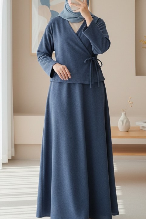 Önü Bağlamalı Etekli Kaşe Kimono Takım -İndigo