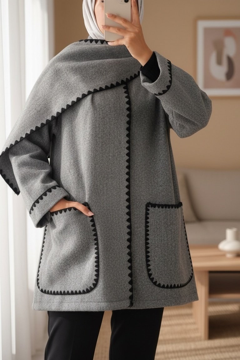 Önü Düğmeli Atkılı Cepli Ceket -Gri