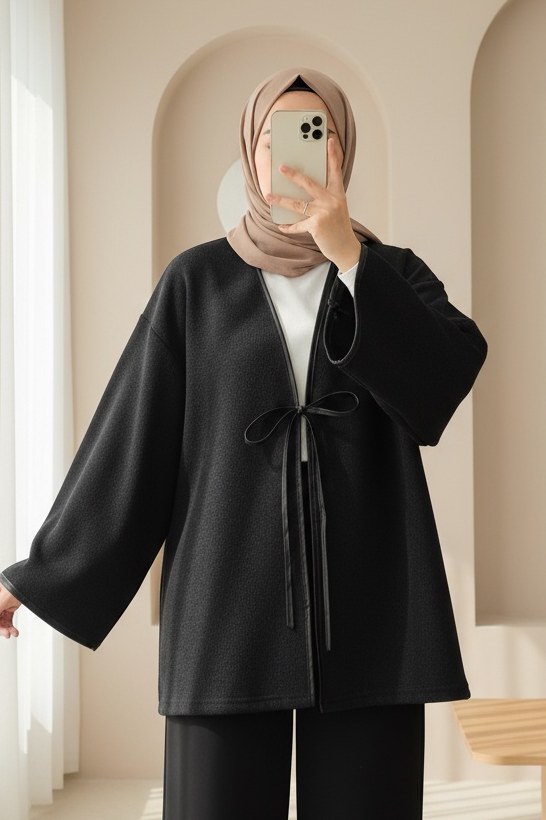 Önü Bağlamalı Deri Detaylı Salaş Kimono -Siyah