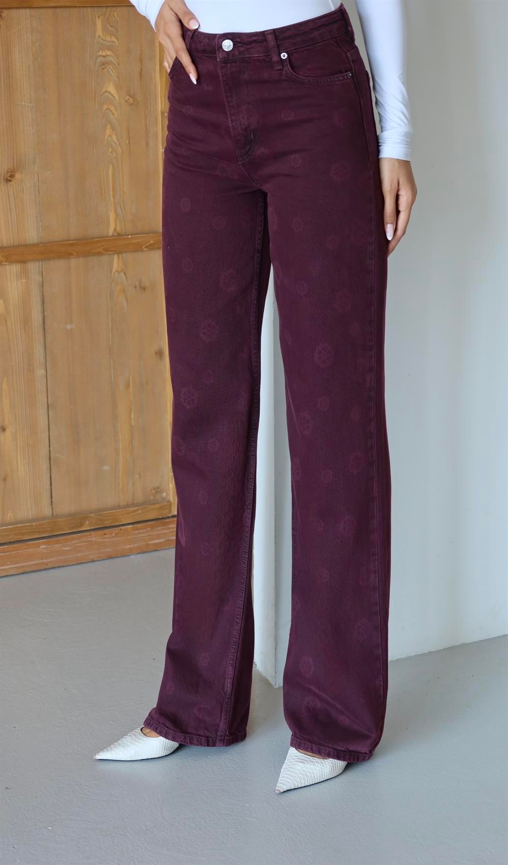 Yüksek Bel Geniş Kesim Çiçek Desenli Bordo Jean Pantolon