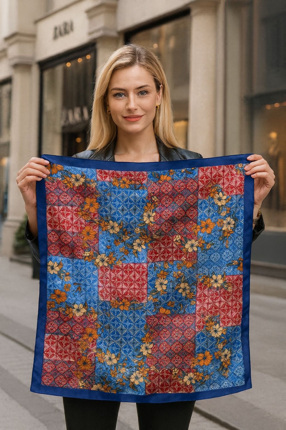 14930 Çiçek Desenli Lacivert Çift Tarafı Baskılı Bandana Fular 90x90 Cm