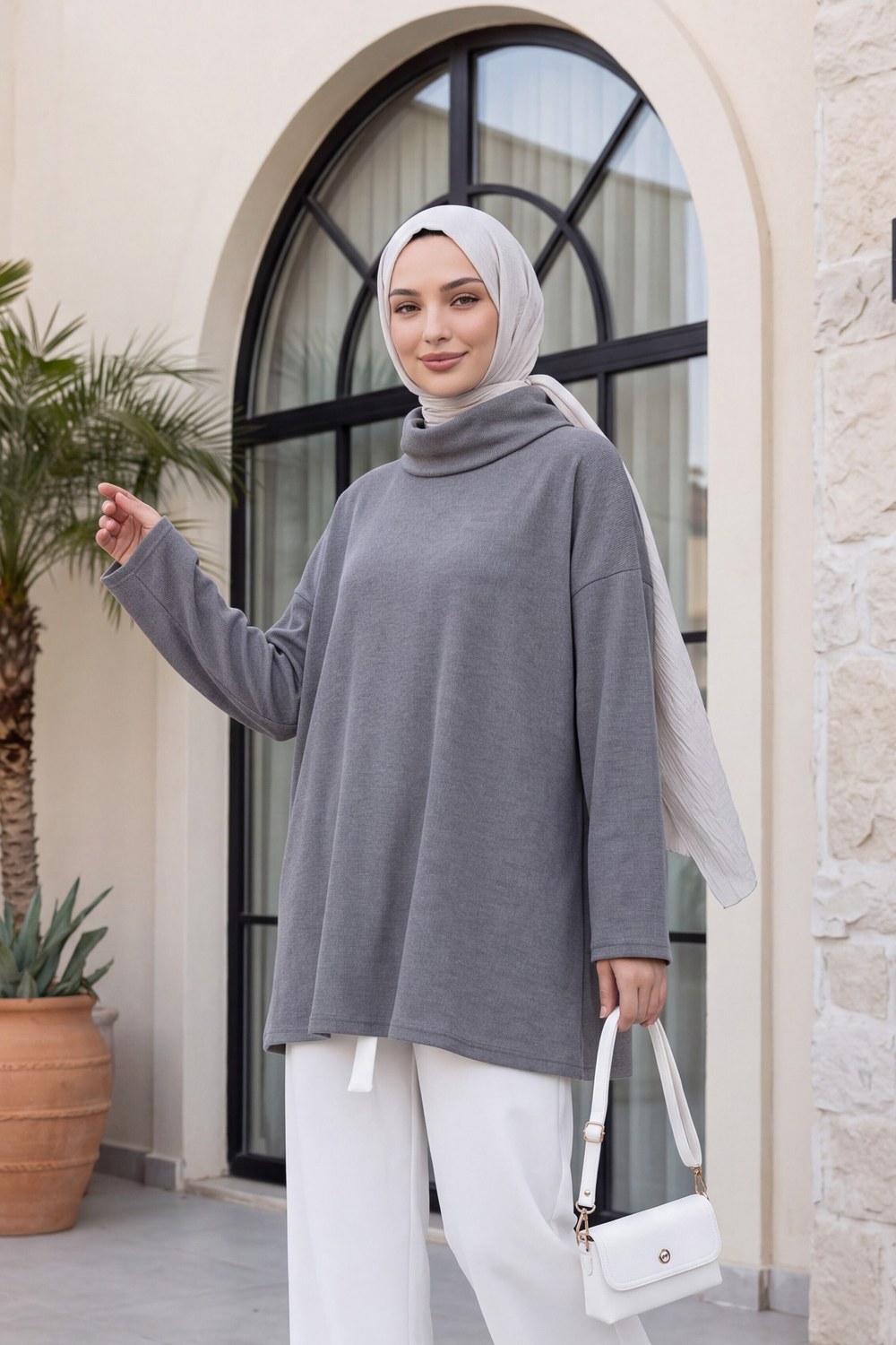 Balıkçı Yaka Yırtmaçlı Selanik Tunik -Gri