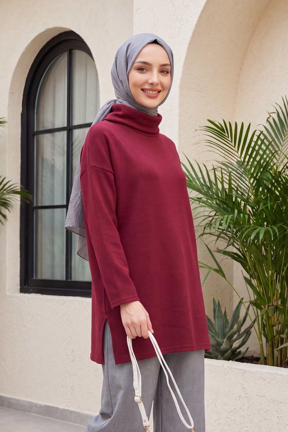 Balıkçı Yaka Yırtmaçlı Selanik Tunik -Bordo