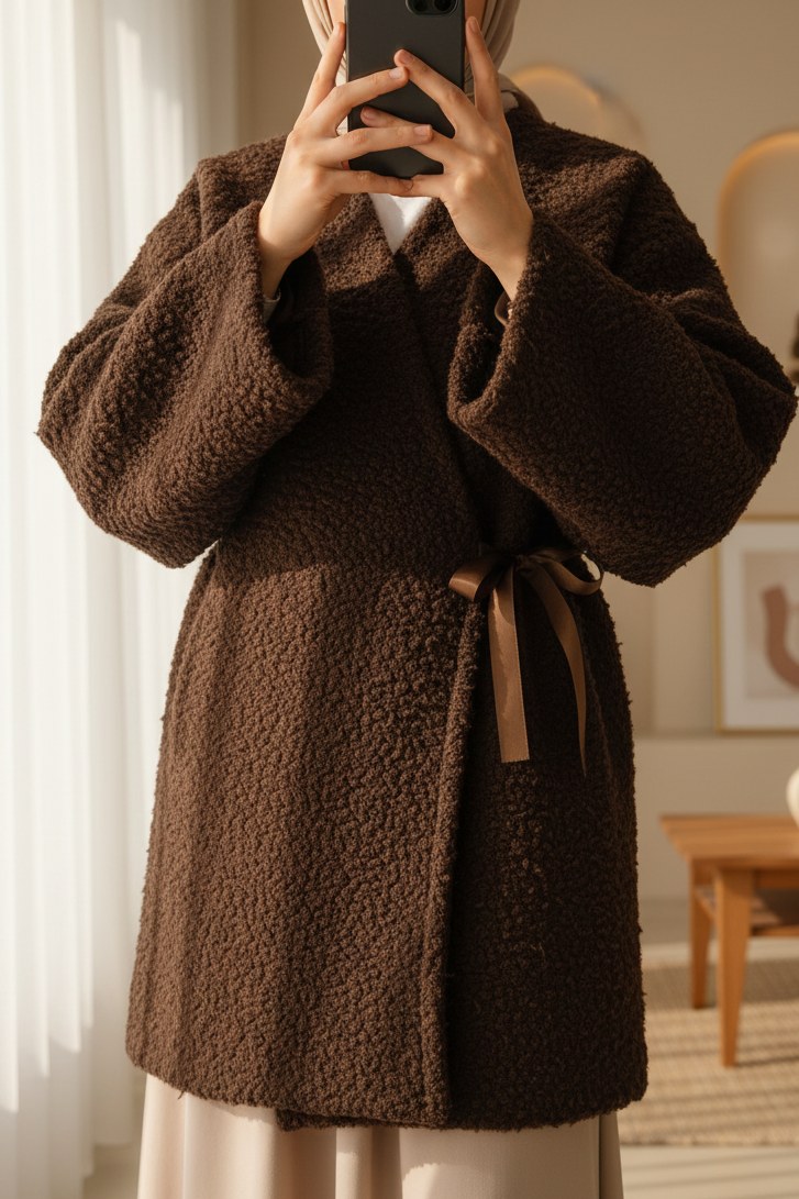 Yandan Bağlamalı Buklet Kimono -K. Kahve