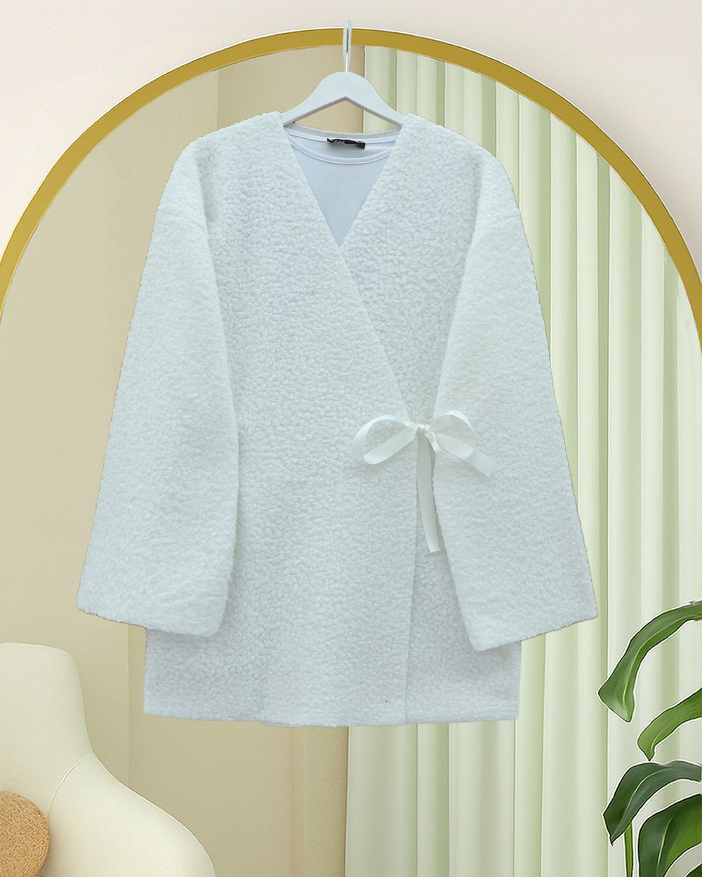 Yandan Bağlamalı Buklet Kimono -Beyaz