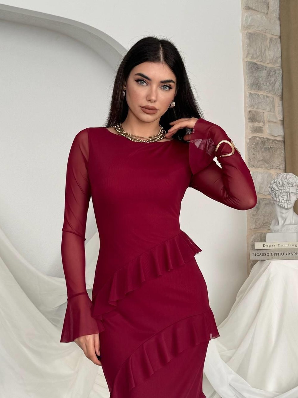 Vexi Fırfırlı Elbise ETK-00800-bordo