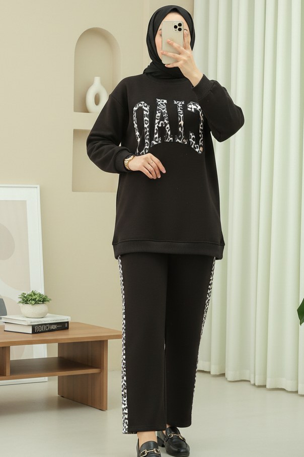 Önü Yazılı Leopar Deseni Detaylı Üç İplik Sweat Takım -K. Kahve