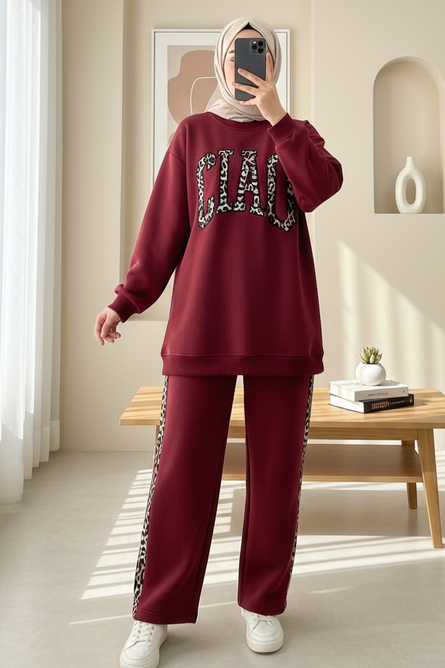 Önü Yazılı Leopar Deseni Detaylı Üç İplik Sweat Takım -Bordo