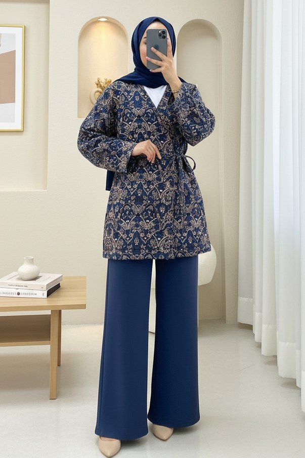 Beli Bağlamalı Cepli Desenli Astarlı Kapitone Kimono -Laci