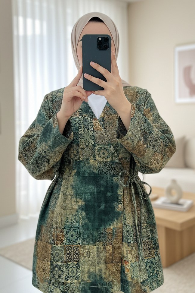 Beli Bağlamalı Cepli Desenli Astarlı Kapitone Kimono -Haki