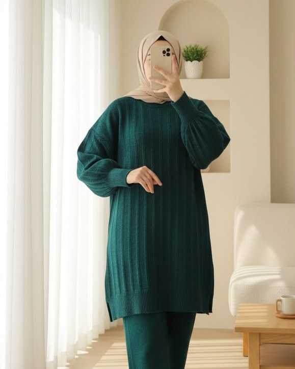 Fitilli Yırtmaçlı Yumoş Triko Tunik -Zümrüt