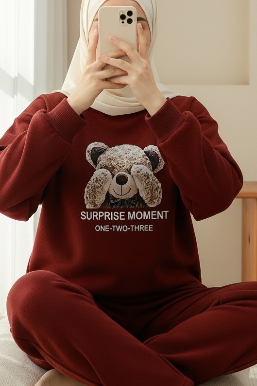 Ayıcık Baskılı Şardonlu 3 İplik Sweat Takım -Bordo
