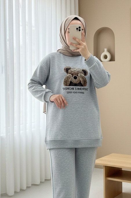 Ayıcık Baskılı Şardonlu 3 İplik Sweat Takım -Açık Gri