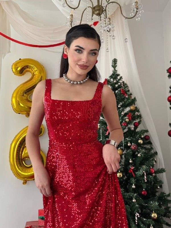 Dega Pul Payet Elbise ETK-00817-kirmizi