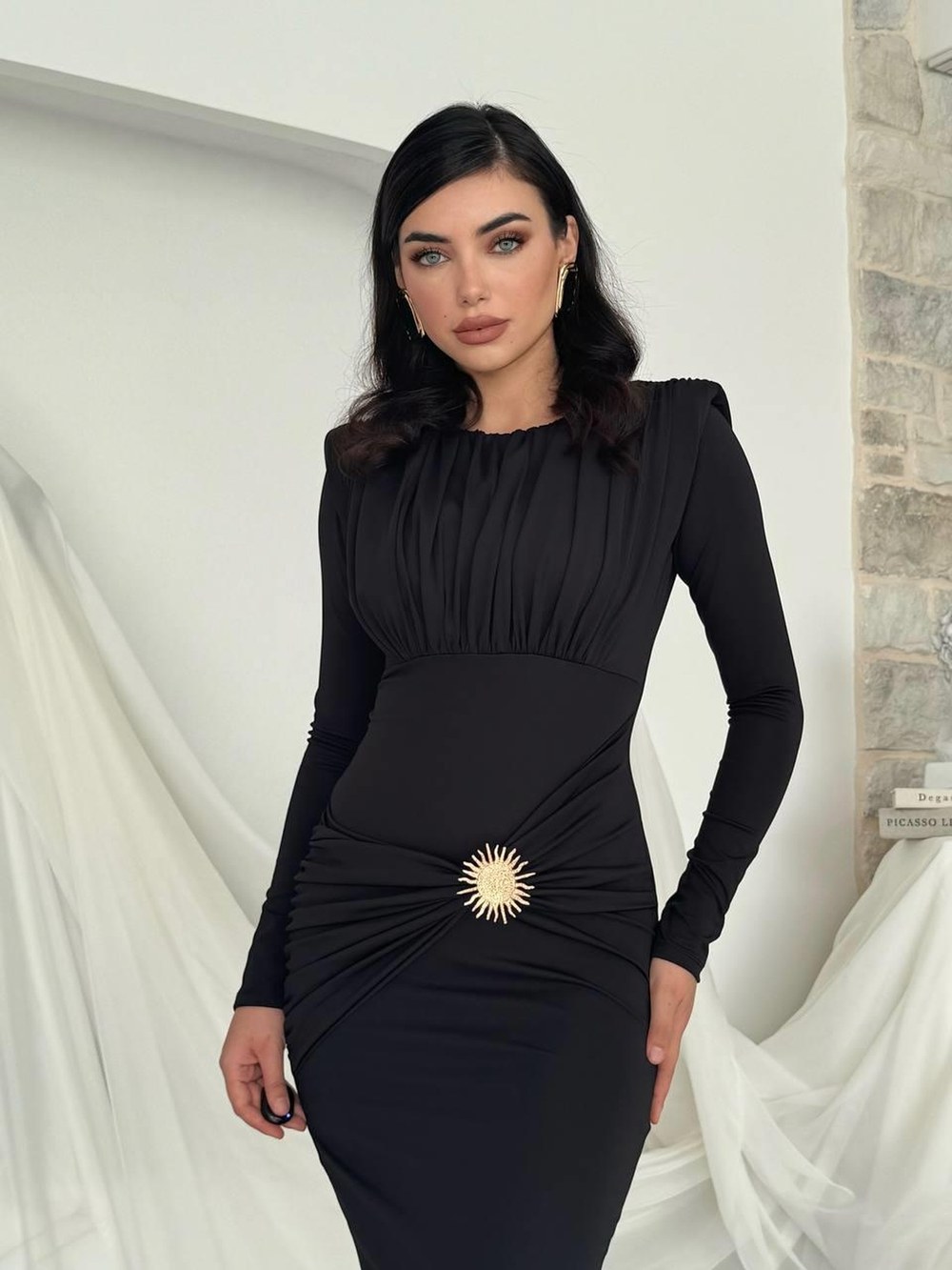 Rıva Broş Detaylı Elbise ETK-00808-siyah