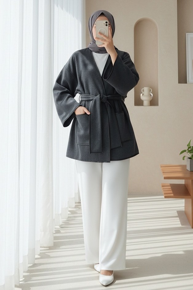 Biye Detaylı Çift Cepli Kuşaklı Kaşe Kimono -Füme