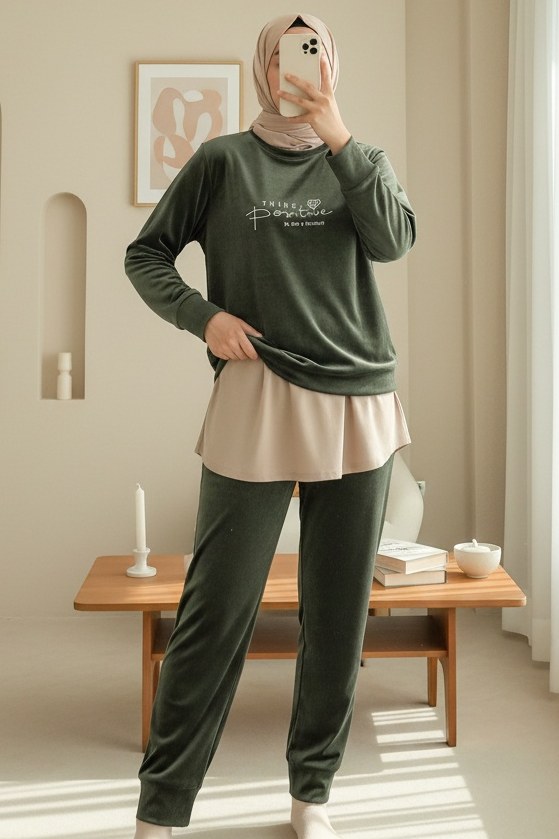 Kabartma Yazılı Fransız Kadife Pijama Takımı -Haki