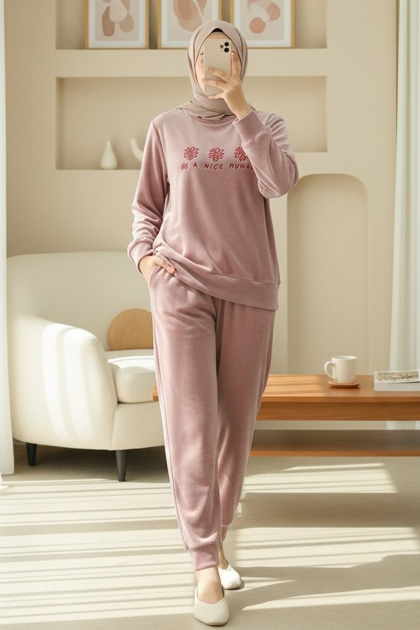 Kabartma Yazılı Fransız Kadife Pijama Takımı -G.Kurusu