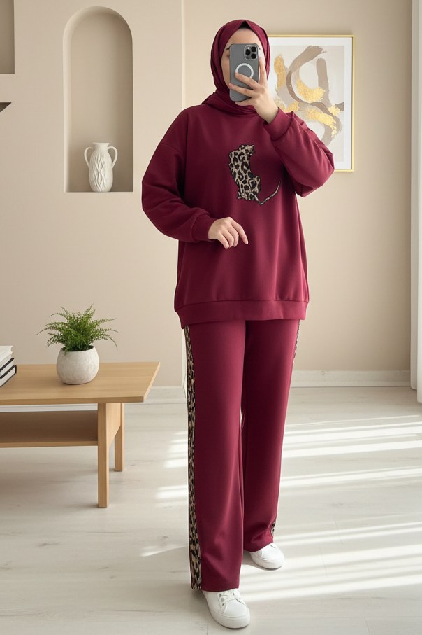 Leopar Figürlü Ve Desenli Pantolonlu Scuba Takım -Bordo