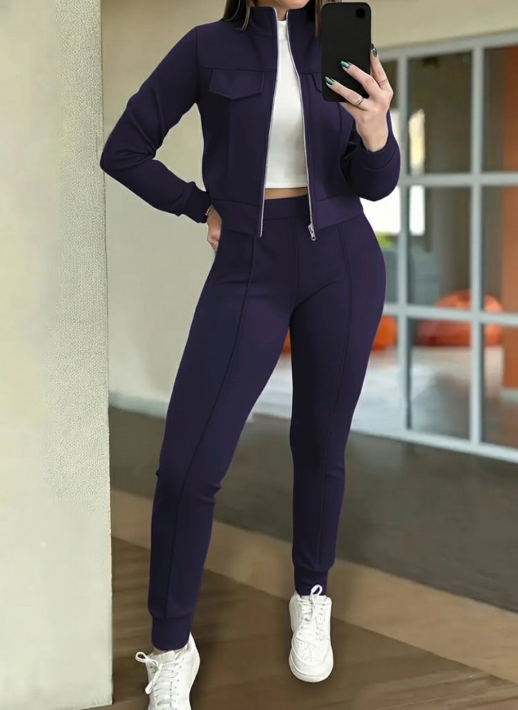 Kadın Uzun Kollu Önden Fermuarlı Kısa Modal Mor Ceket Ve Pantolon Ikili Takım, 29865